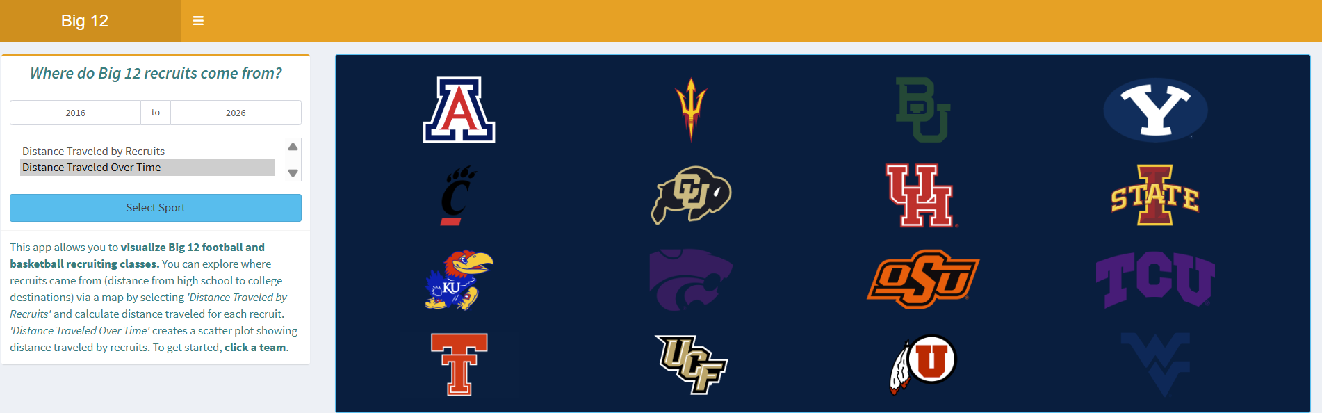 Big-12 recruit distance traveled map UI