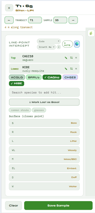 EcoPlot Mobile line-point intercept collection screen with species and surface choices
