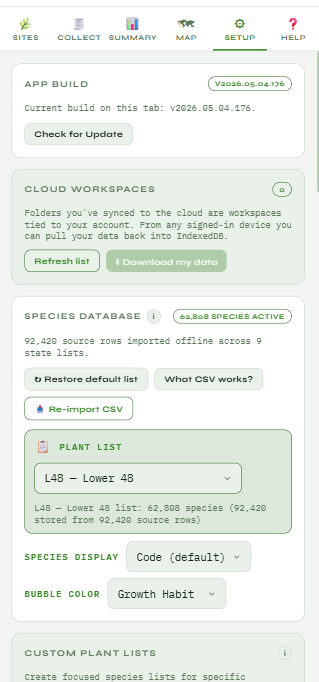 EcoPlot setup screen with cloud workspaces and an offline species database