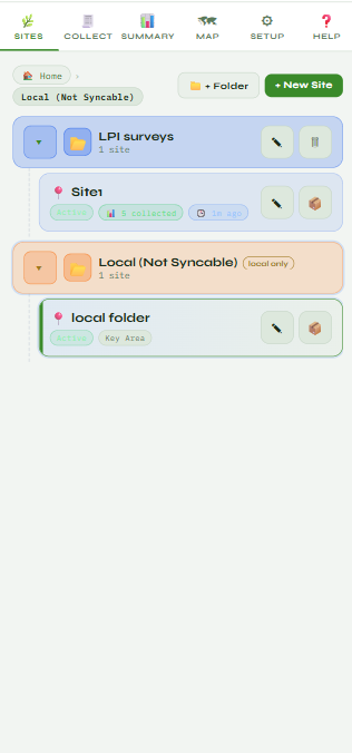 EcoPlot Mobile site and survey folder view showing local and synced work