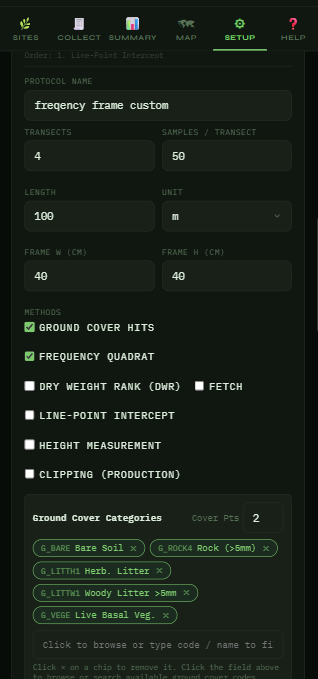 EcoPlot screen for configuring a custom collection protocol