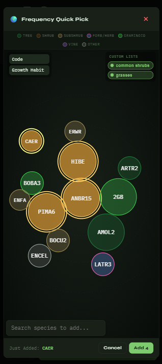 EcoPlot nested-frequency collection interface with species selection