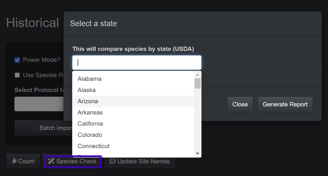 VGS Batch Importer species check by state